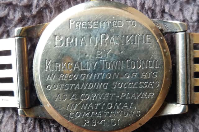 The gold watch gifted to Brian Rankine by Kirkcaldy Town Council in 1961 - it was engraved especially.