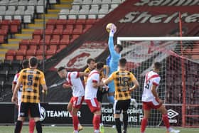 The Airdrie backline snuff out an East Fife attack during the weekend's 3-0 defeat on Saturday. Pic by Kenny Mackay