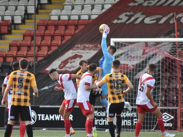 The Airdrie backline snuff out an East Fife attack during the weekend's 3-0 defeat on Saturday. Pic by Kenny Mackay
