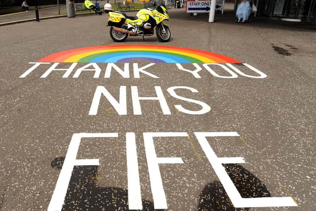 The 'Thank you NHS FIFE' sign at the entrance to the Victoria Hospital, Kirkcaldy.  Pic: Fife Photo Agency