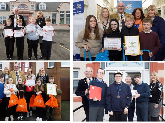 Pupils from the four schools honoured for their travel plan work with Provost Jim Leishman (Pic: Submitted)