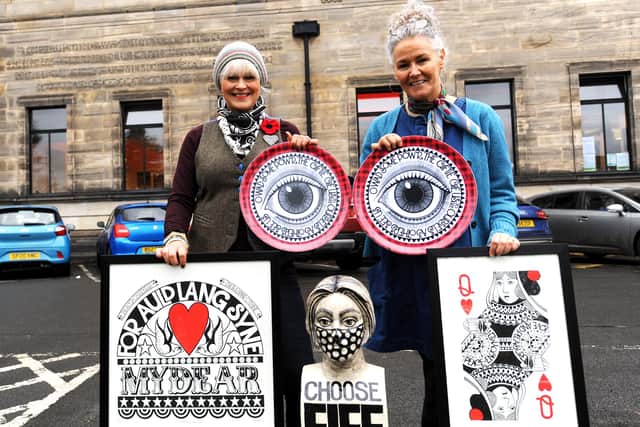 Susan McGill and Anna MacKenzie promote this year's Christmas pop up shop at Kirkcaldy Galleries. Pic:  Fife Photo Agency
