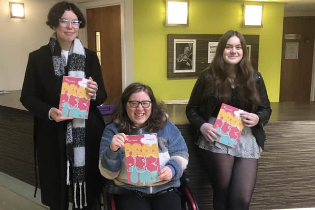 HNC acting and performance students Katie Bryant, Mhairi Gilmour and Kaia Gardiner with copies of Fife College’s new prospectus.