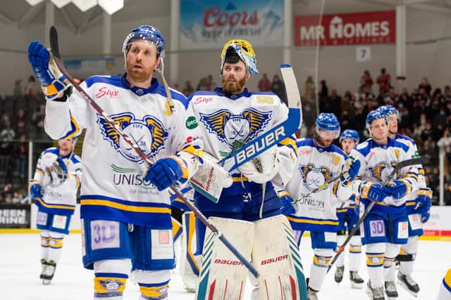 Final lap of rink after 5-12 defeat in Cardiff for Fife Flyers - pictured are Bari McKenzie and Shane Owen (Pic: James Assinder)