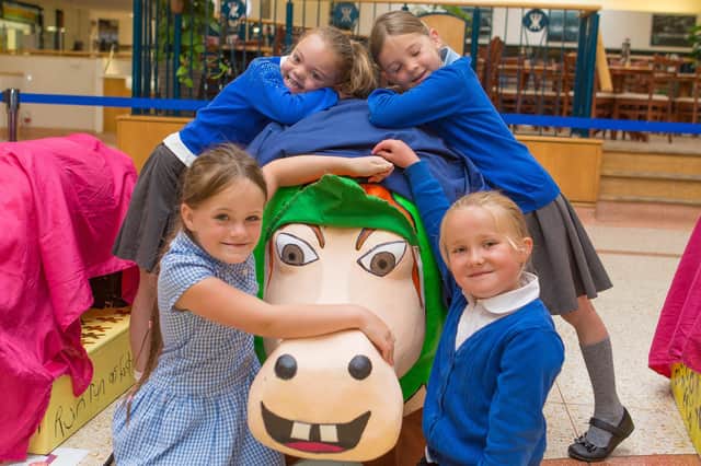 Hippo Parade unveiling in Glenrothes Kingdom Centre. 

Kids are revealing their hippos to be part of the parade. 
Kinglassie Primary School kids (from left) Amy Easson, Bethan Laing, Georgia Mather and Mya Band with their Hippo called Peter Pottamus