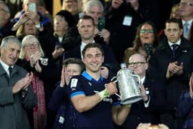 Scotland captain Jamie Ritchie celebrating after Saturday's Calcutta Cup victory against England at London's Twickenham Stadium (Photo: David Rogers/Getty Images)