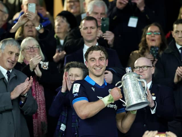 Scotland captain Jamie Ritchie celebrating after Saturday's Calcutta Cup victory against England at London's Twickenham Stadium (Photo: David Rogers/Getty Images)
