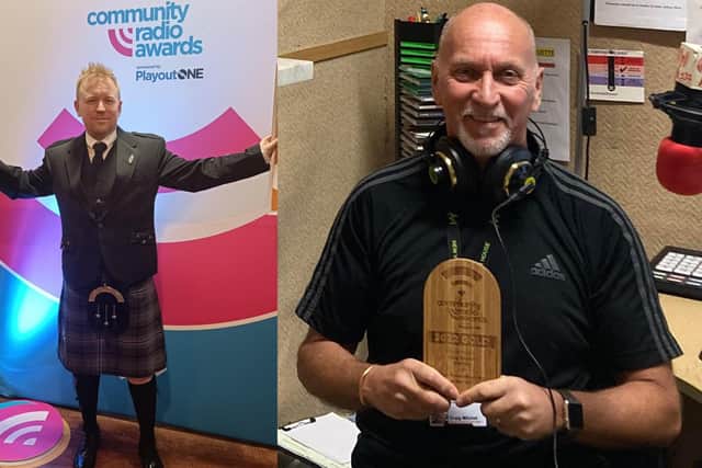 Alex Airnes and Craig Mitchell with some of K107FM's awards