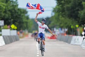 Fin Graham takes the win at  the UCI Para-cycling Road World Championships in Baie-Comeau, Quebec, Canada, in 2022 (Pic: Alex Whitehead/SWpix.com)
