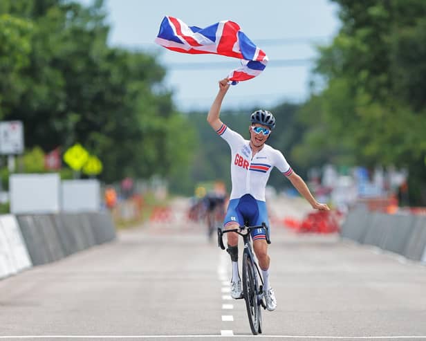 Fin Graham takes the win at  the UCI Para-cycling Road World Championships in Baie-Comeau, Quebec, Canada, in 2022 (Pic: Alex Whitehead/SWpix.com)