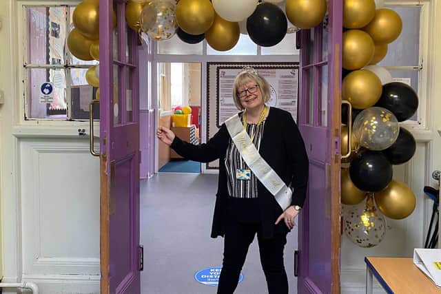 Muriel Mooney has retired from her job as administration assistant at Dysart Primary School. She is pictured on her last day. Pic: Fife Photo Agency.