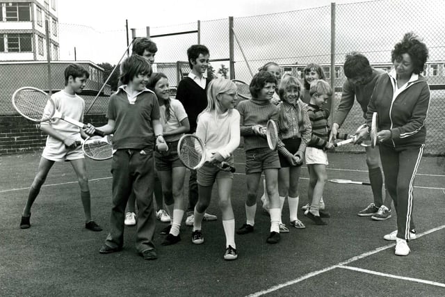 Tennis lessons as part of 'Summersport'  at Glenrothes High School- August, 1974
