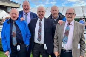 Born Famous owner Alex Penman (middle) with friends Elliot Black, Stewart Turpie, Jim Campbell and Allistar Hope at Perth Racecourse on Saturday