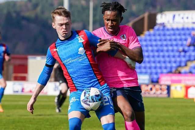 April 8, 2023: Inverness 2-0 Raith Rovers. Goals by Jay Henderson (pictured with Raith's Kieran Ngwenya) and Nathan Shaw clinch victory for the hosts in the Highlands (Pic Simon Wootton/SNS)