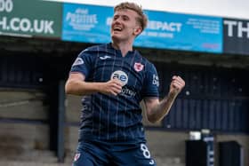 Kyle Turner celebrating scoring a 66th-minute penalty for Raith Rovers as they beat Queen’s Park 2-0 at home in Kirkcaldy on Saturday (Photo: Paul Johnston/PJ Football Photography)