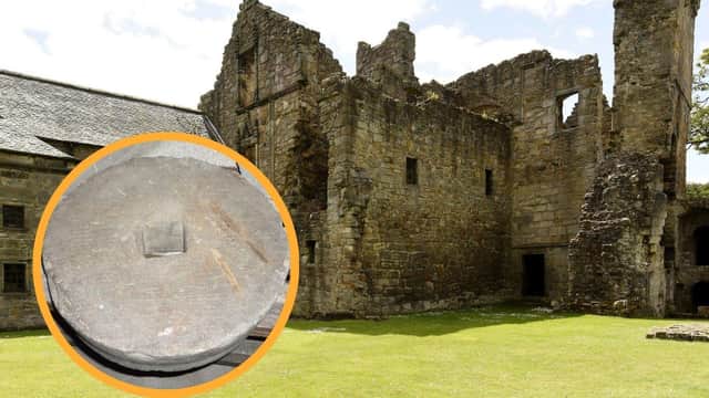 The 500-year-old mill stone was stolen at some point overnight between March 17 and March 18 from Aberdour Castle in the village of Easter Aberdour, Fife (Photo: Walter Neilson and Police Scotland).