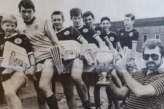 Kirkcaldy paperboys football team - including future professional footballers Steve Tosh (left) and Colin Cameron (second right) - in June 1988