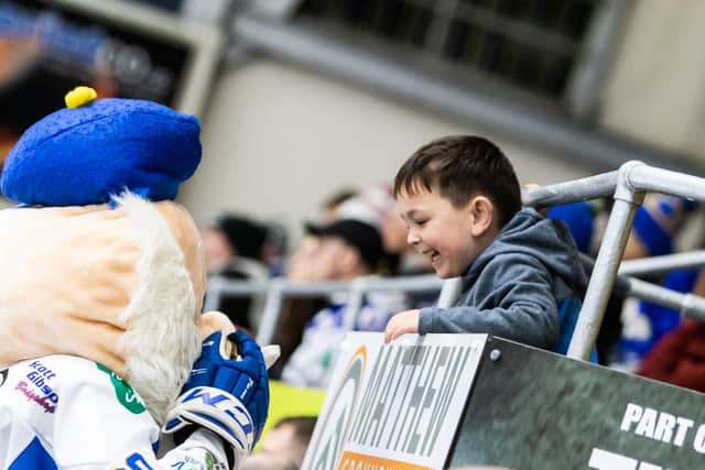 Fife Flyers mascot Geordie Munro meets a young fan (Pic: Derek Young)