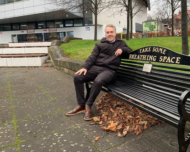 John Blakey, Health and Wellbeing Advisor at Fife College, is pictured sitting on the new Breathing Space Bench at the College’s Kirkcaldy Campus.
