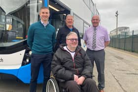 From left: David Frenz, Stagecoach operations director East Coast Scotland, David Torrance MSP, Lee Skinner, operations manager Aberhill Bus Depot. Centre, Lyall Allan.