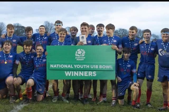 Jubilant Kirkcaldy U18 squad members are pictured after winning National Youth U18 Bowl with 47-15 win over Hamilton/Strathaven (Pics by Eve Mellon)