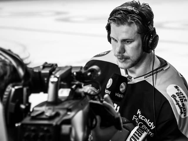 Post-game rinkside interview for Mikael Johansson after Fife's recent home game against Sheffield Steelers (Pic; Derek Young)