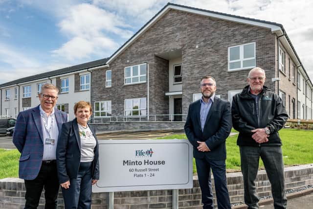 John Mills, Fife Council Head of Housing; Councillor Judy Hamilton, Fife Council's Spokesperson for Housing and Building Services; John Baggley, Managing Director, Robertson Partnership Homes; and Graeme Lawtie, Operations Director, Robertson Construction Eastern.