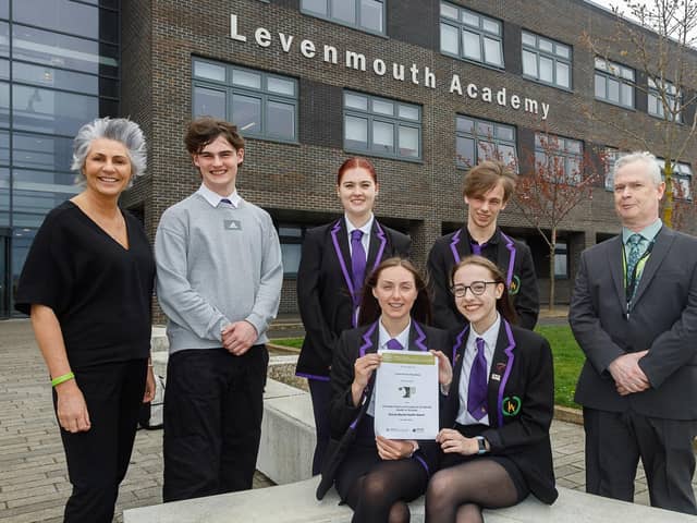 Left to right: Back -Ruth McFarlane (Headteacher), Finn Gillies-Reid, Abbie Dryburgh, Sonny Anderson and Harry Brown (PT Wellbeing). Front - Rhiannon Grant, and Katie Gordon. (Pic: Fife Council)