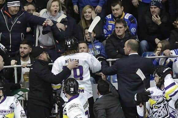 Eric Neilson,. Manchester Storm, confronts the Fife Flyers fans behind the team bench (Pic: Steve Gunn)