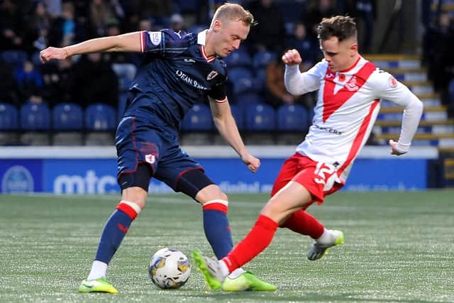 Ross Millen and Liam McStravick vying for the ball during Raith Rovers' 1-1 draw at home to Airdrieonians at Kirkcaldy's Stark's Park on Saturday (Pic: Fife Photo Agency)