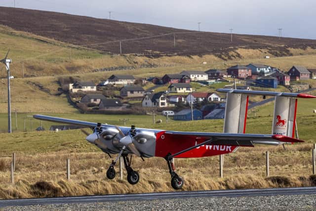 Royal Mail twin-engine, UK-built UAV named ULTRA. The UAV is operated by Windracers Ltd and will carry mail from Tingwall Airport on the Shetland mainland to the island community of Unst.