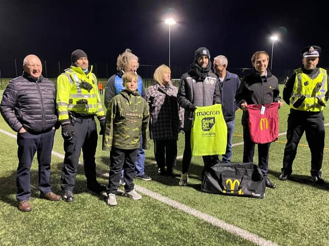McDonald’s Leven operations manager William Patrick pictured at the kit handover alongside CRT trustees and police officers.