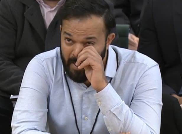 Former cricketer Azeem Rafiq cries as he gives evidence at the inquiry into racism he suffered at Yorkshire County Cricket Club, at the Digital, Culture, Media and Sport (DCMS) committee on sport governance at Portcullis House in London.  (Pic: House of Commons/PA Wire)