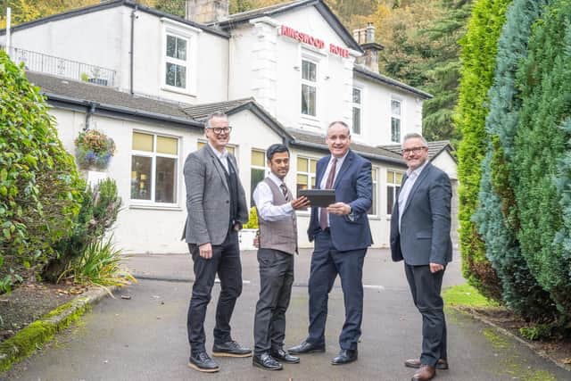 At the Kingswood Hotel are Dalbir Singh, owner, Scottish Government Innovation Minister, Richard Lochhead and Sam Calvert, chief revenue officer at GoFibre, (Pic: Simon Jauncey)
