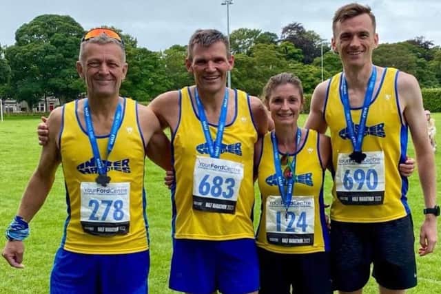 Pictured (from left) are Haddies who competed at Kirkcaldy half-mile, Will Gage, Eric Anderson, Lynne Herd and Ross Young