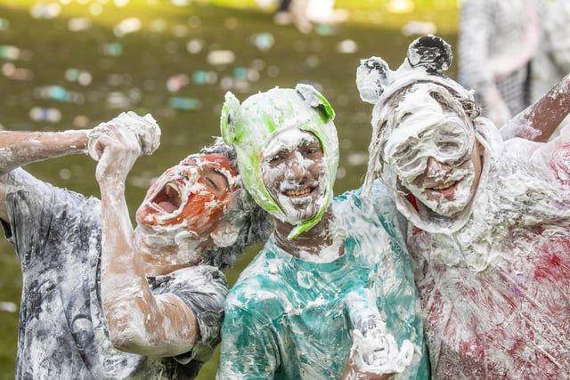 Almost 1000 students gathered on the lawn to take part in the annual shaving foam fight.