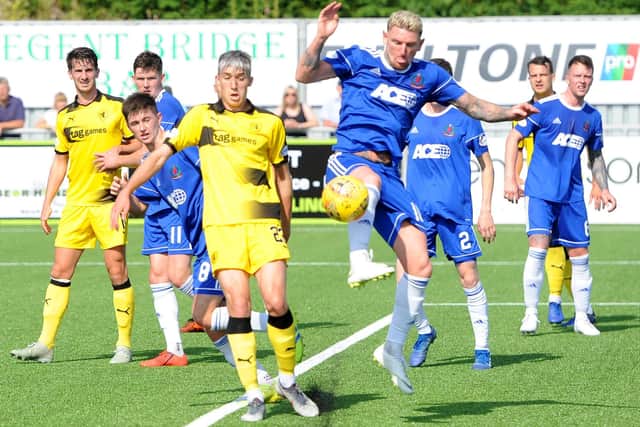 Ex-Raith Rovers striker Martin Scott defending a corner for Cove Rangers against his old side in Aberdeen in July 2019 (Pic: Fife Photo Agency)