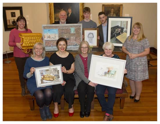 The six artists with their winning artworks from the 2019 Fife Art competition to NHS Fife.
The exhibition sponsor, Shell UK, was represented by Mossmorran plant manager Teresa Waddington and NHS Fife by the Rt Hon Tricia Marwick at the presentation in Kirkcaldy Galleries on Friday. Pic: George McLuskie.