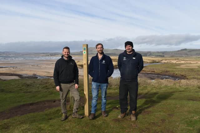 Peter Davies from Abbeyford Leisure; George Eaves, field teams manager FCCT; Tom Quayle, access & recreation manager, FCCT pictured on Fife Coastal Path at Elie Holiday Park.