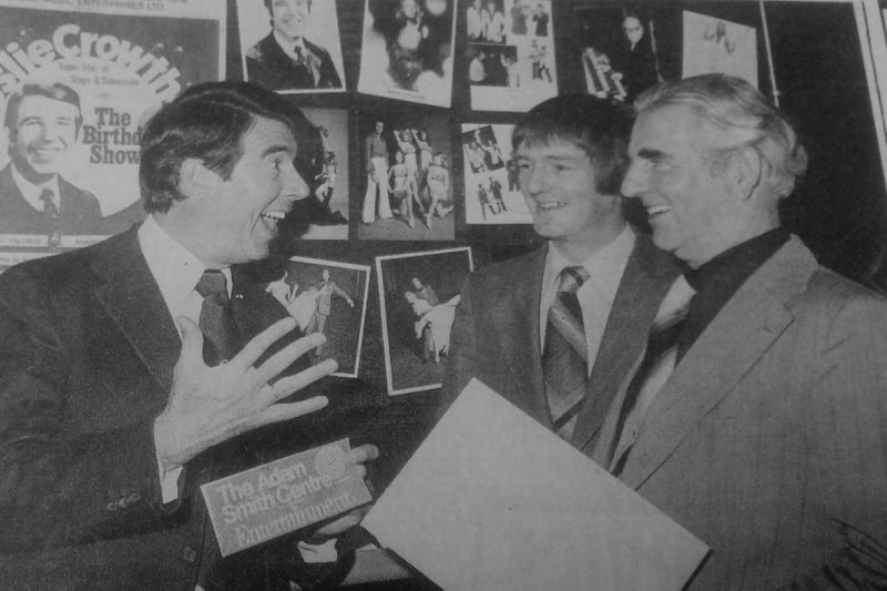 Adam Smith Centre , Kirkcaldy, celebrates its fifth birthday with entertainer Leslie Crowther on stage. he is pictured with manager Chris Potter, centre director, and Councillor Robert King.