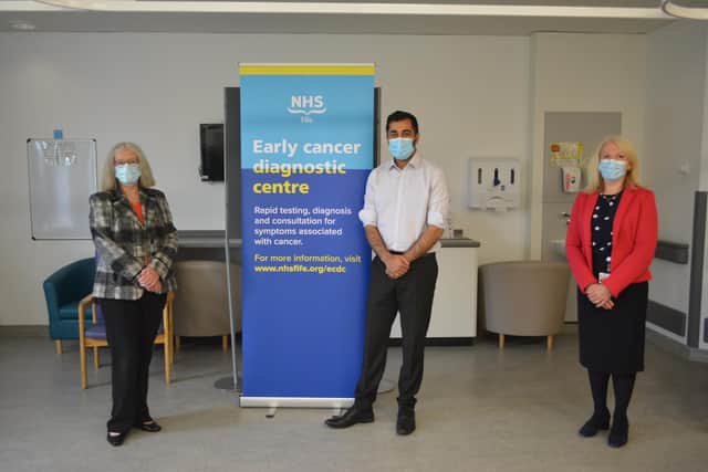 Mr Yousaf MSP met with lead cancer nurse, Murdina MacDonald; lead cancer clinician, Neil Cruickshank, and radiology charge nurse, Sheena Clampett; along with the Board Chair, Tricia Marwick; Chief Executive, Carol Potter; and Medical Director, Dr Christopher McKenna.