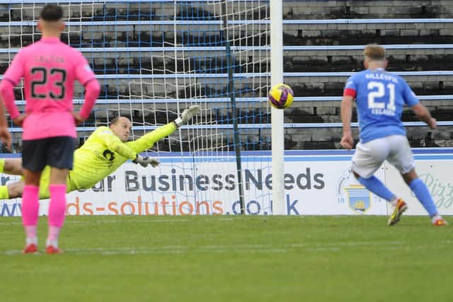 Former Raith Rovers midfielder Grant Gillespie putting his 93rd-minute penalty past Jamie MacDonald in the Fifers' net at Greenock Morton (Photo: Alan Murray)