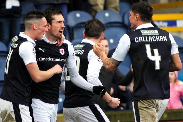 March 18, 2017: Raith Rovers 2-1 Dundee United. Raith's Ryan Hardie is congratulated after adding to Craig Barr opener in this league game. Simon Murray pulls one back late on. (Pic Fife Photo Agency)