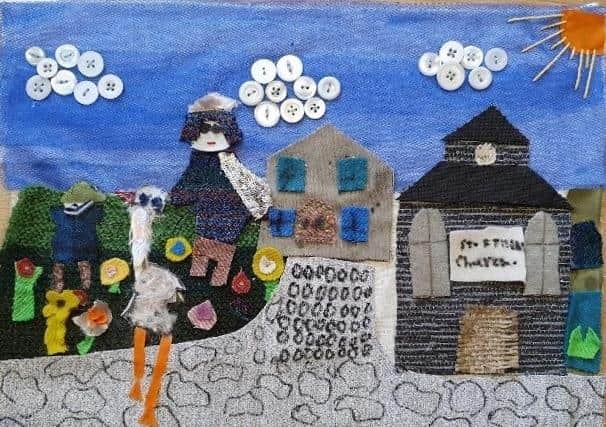 The tapestry panels have been sewn together into a banner telling stories of Aberdour.   The banner, created by local school children, is now on display in St Fillans Church.  (pic: submitted)