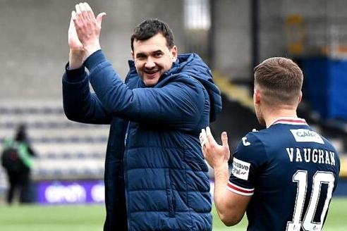 April 1, 2023: Raith Rovers 2-0 Queen's Park. In the first of three straight league wins for Raith over the Spiders, boss Ian Murray and striker Lewis Vaughan celebrate after goals by Tom Lang and Vaughan seal it (Pic Tony Fimister)