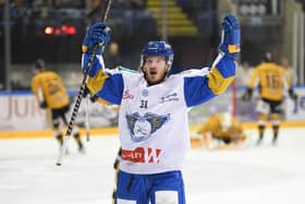 Reece Cochrane celebrates his second goal of the season in 6-1 win over Nottingham Panthers (Pic: Panthers Images)