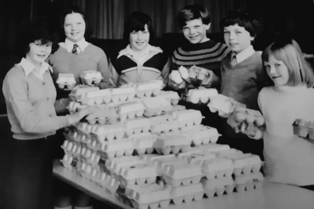 Rimbleton Primary School collected over 1000 eggs to distribute to old folk in the district as Easter gifts in March 1978.
Preparing for delivery are Samantha Slaven, Morag Dougall, David Lamb, Phillip Manuel, Alan Drummond and Jacqueline Wright, all P7 pupils.