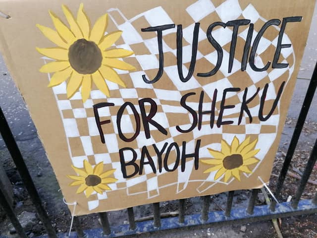 Sheku Bayoh poster at Black Lives Matter at Holyrood Park, Edinburgh