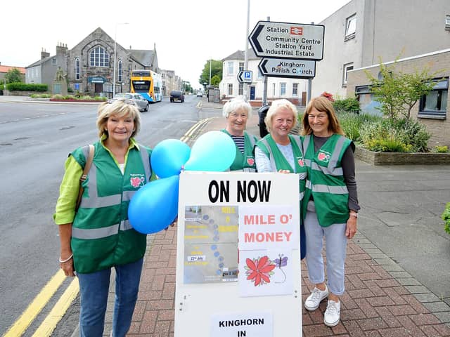 Kinghorn in Bloom volunteers Linda Miller, Barbara Page, Carol Campbell and Linda Foster at the Mile o Money fundraiser on the village's High Street on Saturday.  (Pic: Fife Photo Agency)