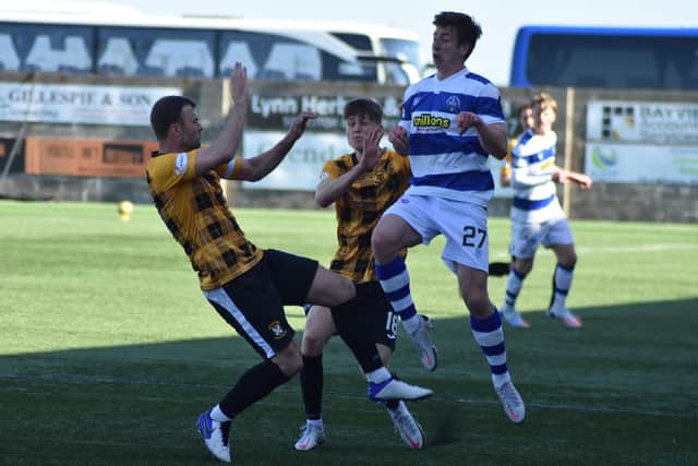 Kevin Smith and Liam Newton are in the thick of the action during Saturday's cup tie against Greenock Morton. Pic by Kenny Mackay